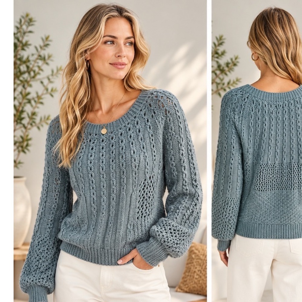 Anthropologie Guinevere Wool Alpaca Blend Pointelle Cable Knit Sweater M